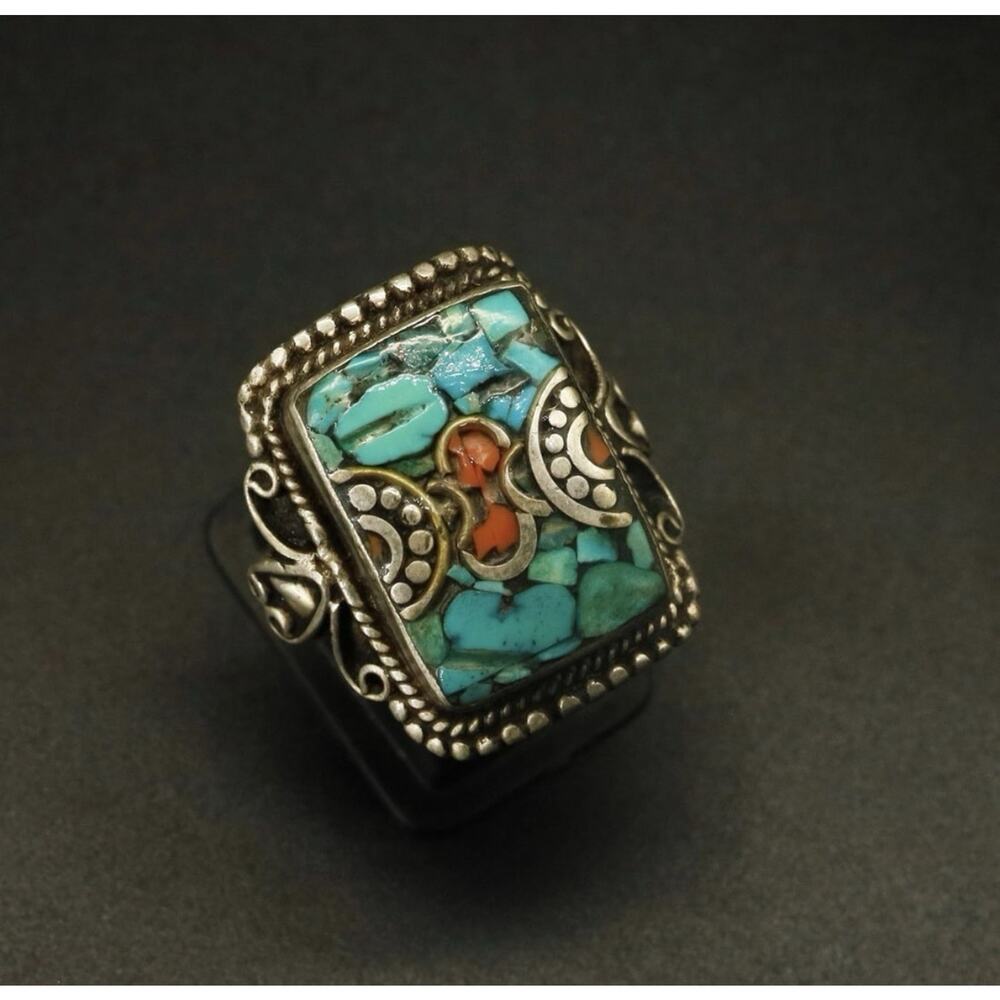 Antique Old Turquoise & Coral Tibetan Ring Size 11